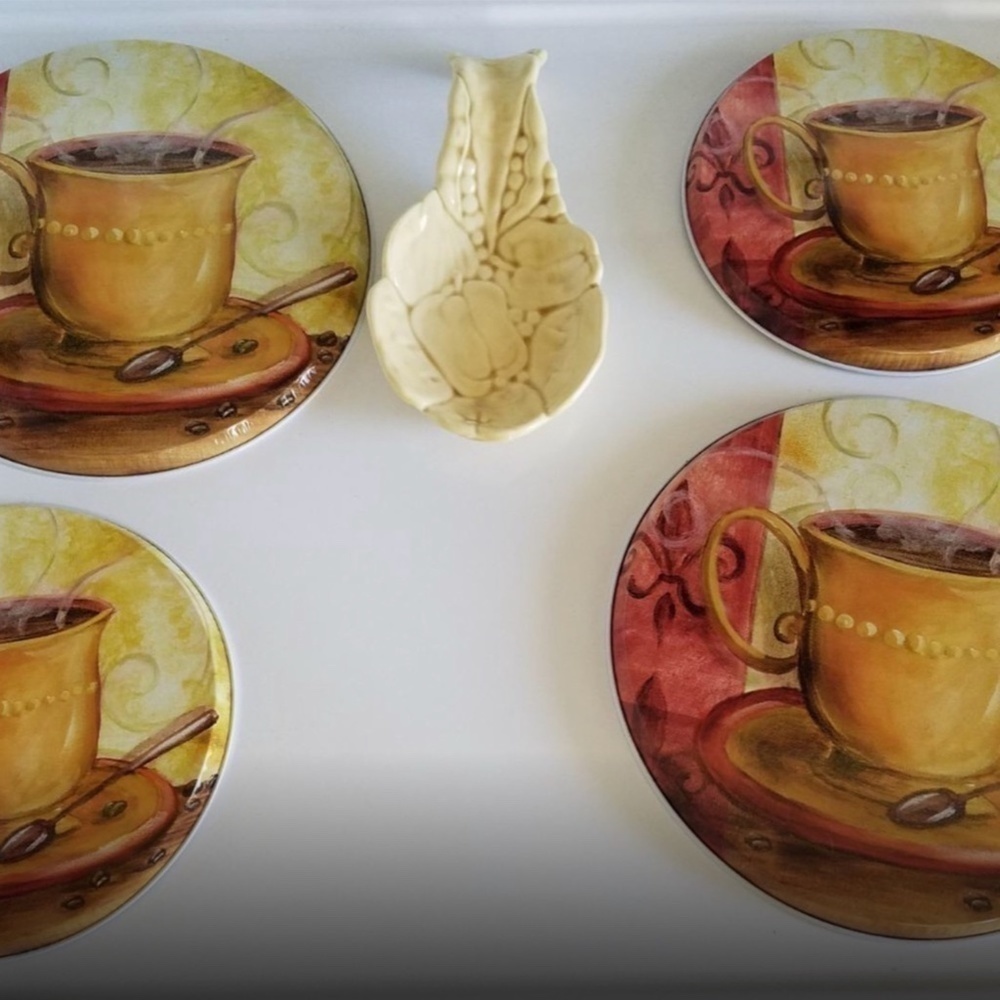 Stove Range Covers Coffee Themed Metal Round Set of 4 Gold Multicolor - Picture 6 of 14